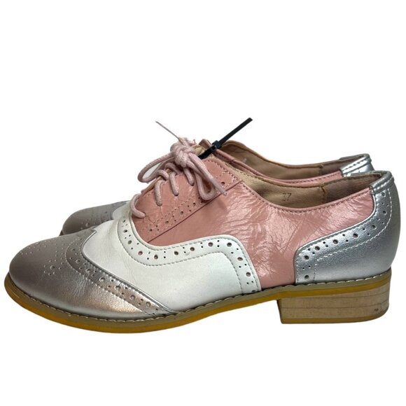 Wingtip Brogue Color Block Leather Oxfords 37 US 7 Pink Silver Saddle Shoes Retr - Picture 3 of 9